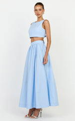 Billie Two Piece Top and Skirt Set Tie Back Top with Full Maxi Skirt in Blue