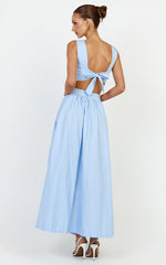 Billie Two Piece Top and Skirt Set Tie Back Top with Full Maxi Skirt in Blue