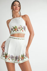 Embroidered Floral Crop Top and Shorts Set-SET SIZES MUST MATCH
