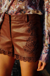 Caramel Richelieu Belt Loops Leather Shorts