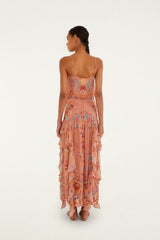 Mocha Boho Enhance Ruched Ruffled Maxi Skirt