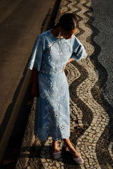 Denim Richelieu Wavy Hem Midi Skirt