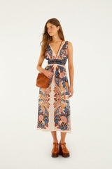Soft Pink Garden Scarf V Neck Midi Dress