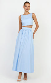Billie Two Piece Top and Skirt Set Tie Back Top with Full Maxi Skirt in Blue