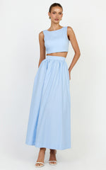 Billie Two Piece Top and Skirt Set Tie Back Top with Full Maxi Skirt in Blue