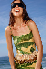 Yellow Fruit Leaves Banana Beaded Fringes Sleeveless Top