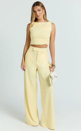 Helen Two Piece Set Crepe Twisted Top And Wide Leg Pants in Pastel Yellow
