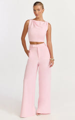 Helen Two Piece Set Crepe Twisted Top And Wide Leg Pants in Pastel Yellow
