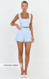 Mabel Two Piece Set Square Neck And Matching Shorts Set in Blue