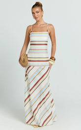 Yurika Maxi Dress Square Neck Stripe Print Slip Dress in Choco Retro Stripe