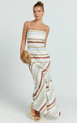 Yurika Maxi Dress Square Neck Stripe Print Slip Dress in Choco Retro Stripe
