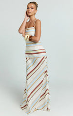Yurika Maxi Dress Square Neck Stripe Print Slip Dress in Choco Retro Stripe
