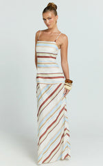 Yurika Maxi Dress Square Neck Stripe Print Slip Dress in Choco Retro Stripe