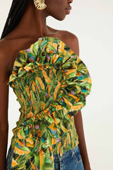 Green Forest Parrots Smocked Ruffled Strapless Top