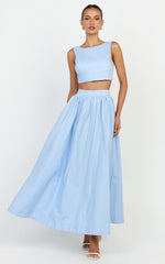 Billie Two Piece Top and Skirt Set Tie Back Top with Full Maxi Skirt in Blue