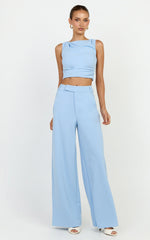 Helen Two Piece Set Crepe Twisted Top And Wide Leg Pants in Pastel Yellow