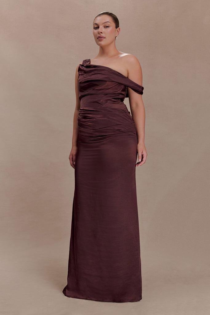 dalia off shoulder satin maxi dress Crafted in a fluid Color:Periwinkle-Print Claude Oscar Monet Camille 2024 SH SPRING