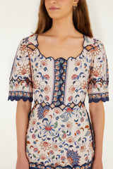 Pink Floral Delhi Tapestry Scallop Cut-Out Mini Dress