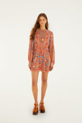 Mocha Boho Enhance Lace Long Sleeve Mini Dress