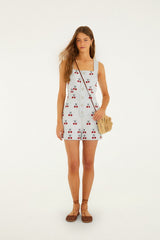 Embroidered Cherry Denim Romper