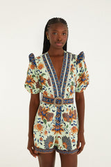 Light Green Floral Delhi Tapestry Belted  Romper