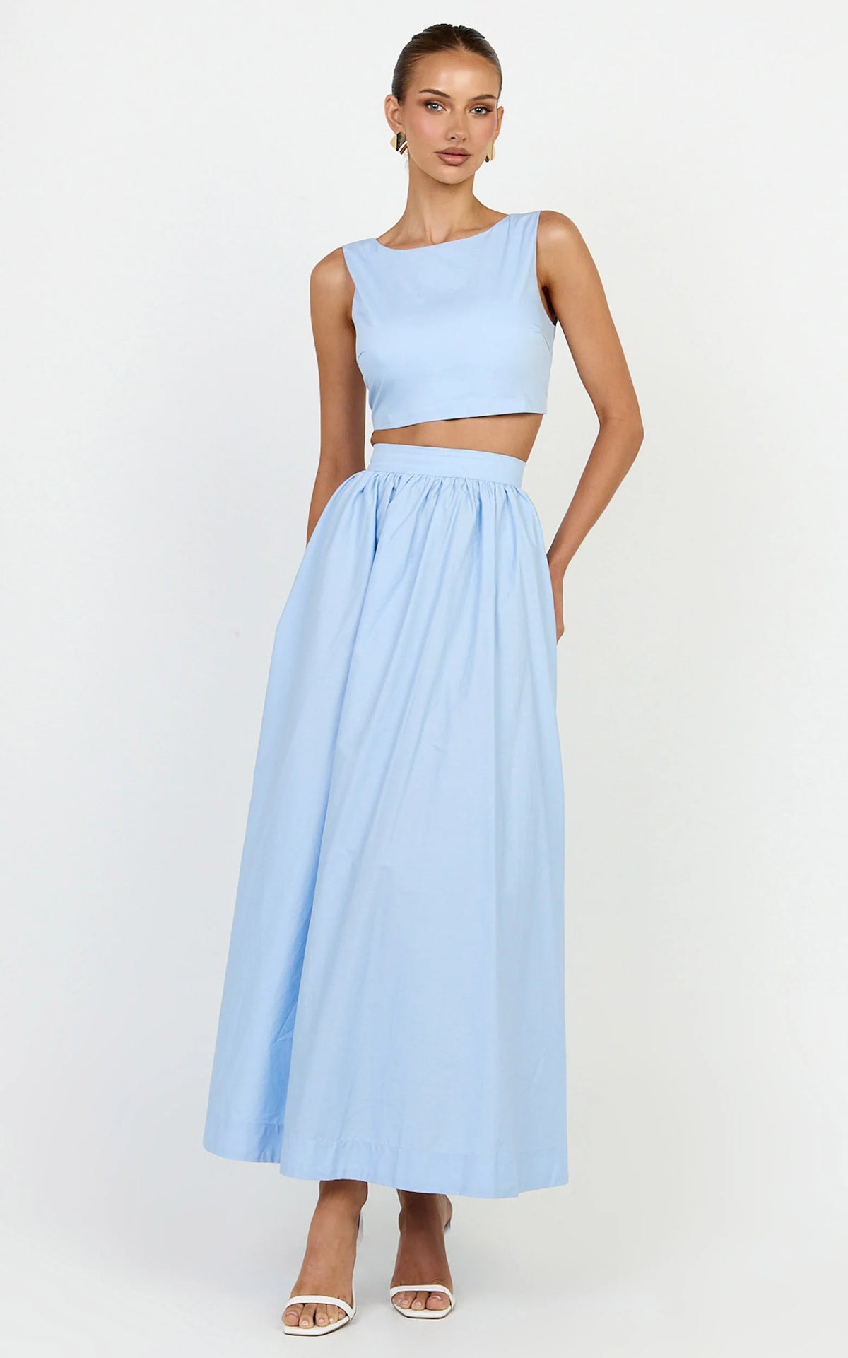 Billie Two Piece Top and Skirt Set Tie Back Top with Full Maxi Skirt in Blue