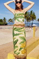 Yellow Fruit Leaves Banana Beaded Fringes Sleeveless Top
