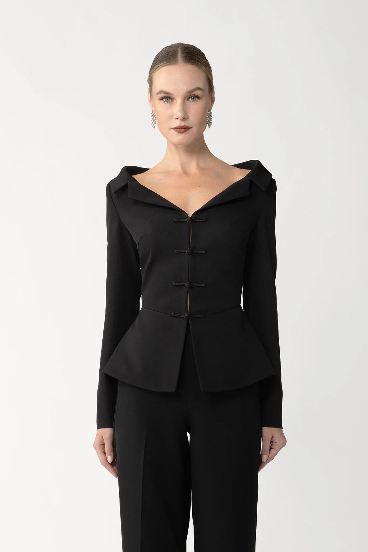 Nicola Crepe Tailored Off-Shoulder Peplum Blouse