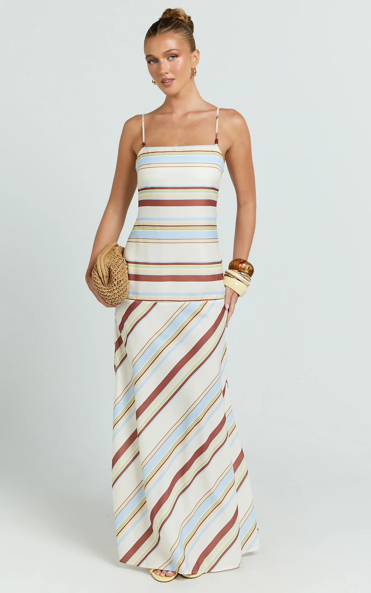 Yurika Maxi Dress Square Neck Stripe Print Slip Dress in Choco Retro Stripe