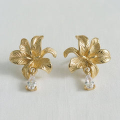 Flower Stud Earrings w/ CZ Drop