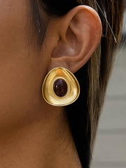 Vionnet 18K Gold Non-Tarnish Gemstone Oval Earrings: Burgundy