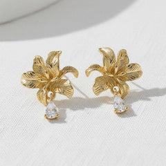 Flower Stud Earrings w/ CZ Drop