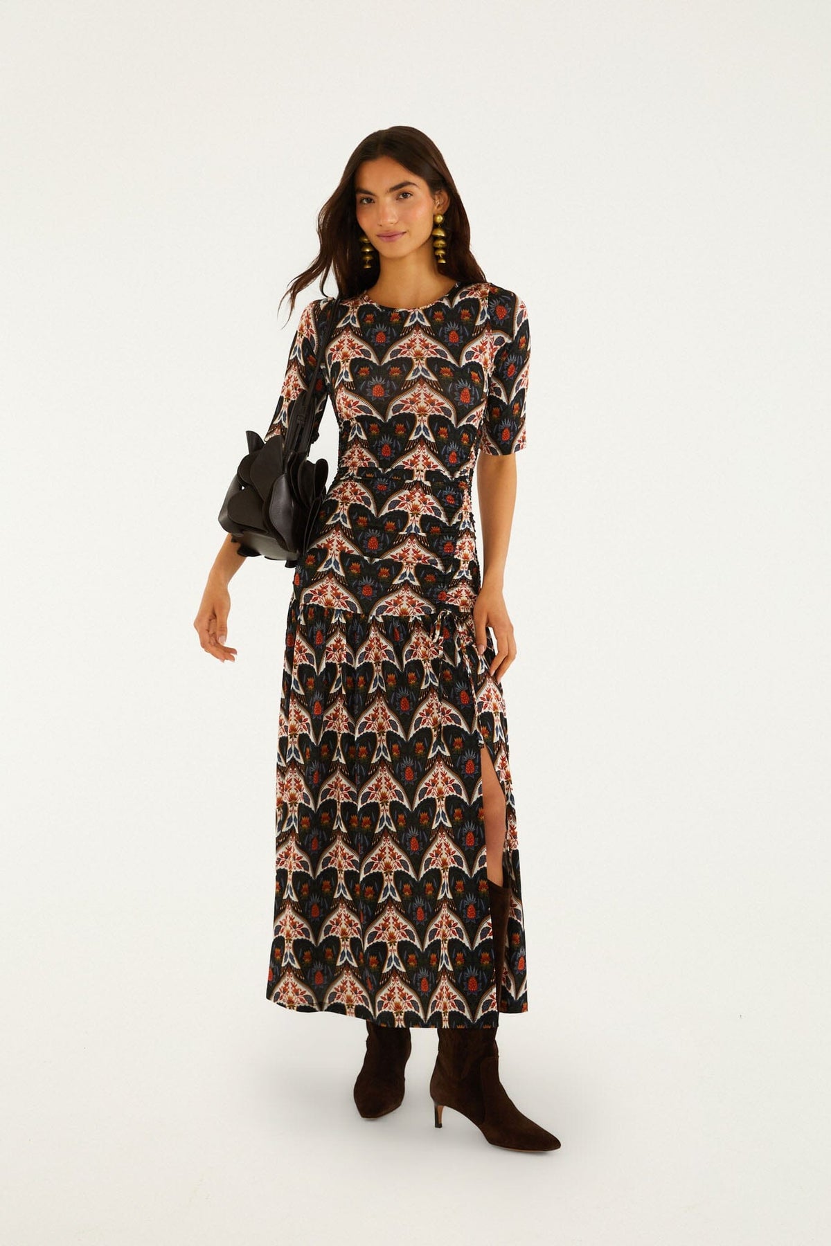 Black Porcelain Birds Long Sleeve Slim Maxi Dress
