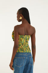 Green Forest Parrots Smocked Ruffled Strapless Top