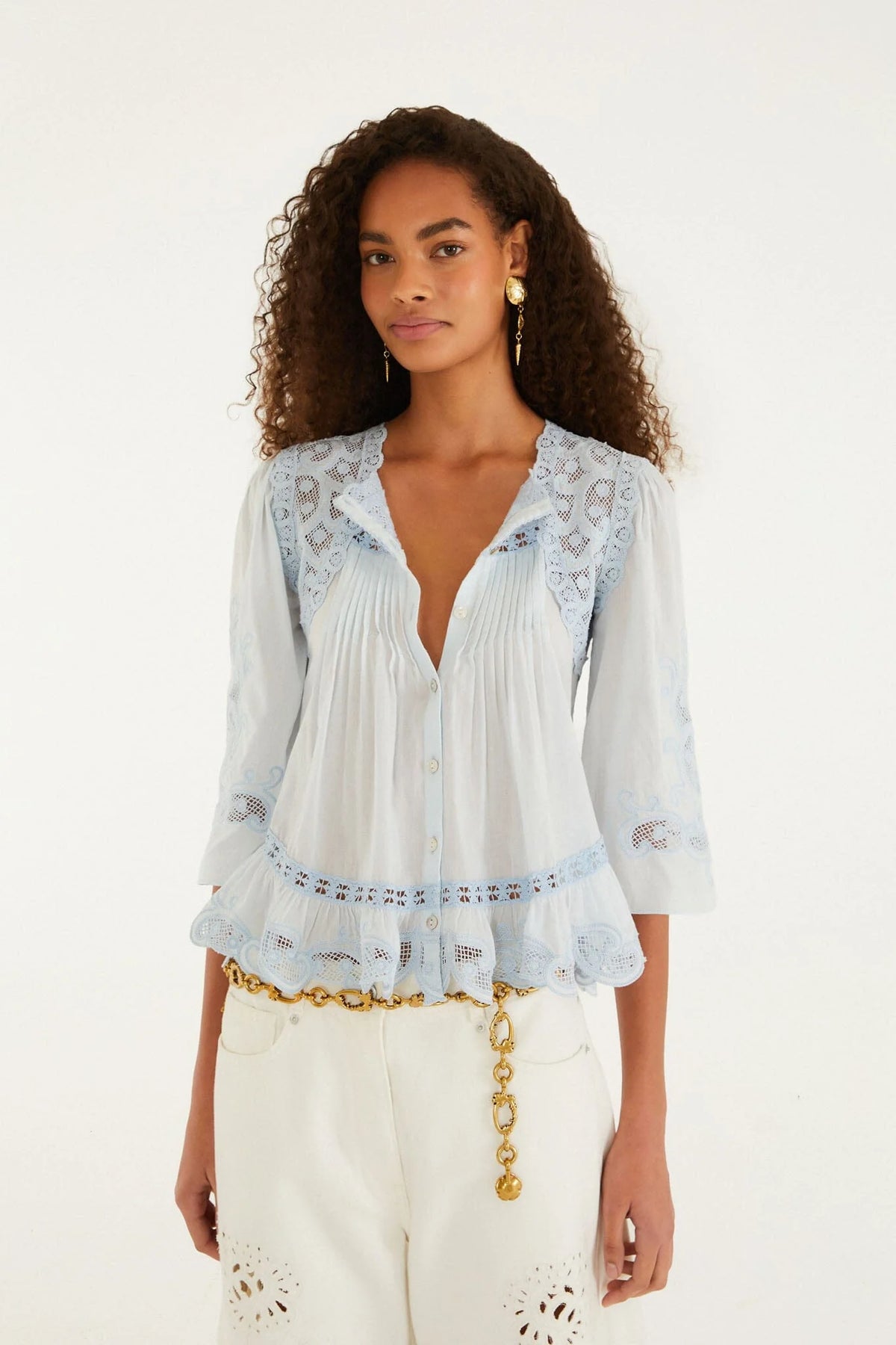 light blue richelieu short sleeve blouse