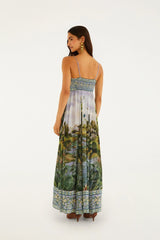 Multicolor Countryside Landscape Adjustable Straps Maxi Dress