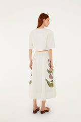Off-White Flower Embroidered  Midi Skirt