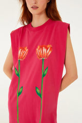 Pink Tropical Rose PaddedShoulders Mini Dress