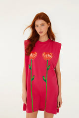 Pink Tropical Rose PaddedShoulders Mini Dress