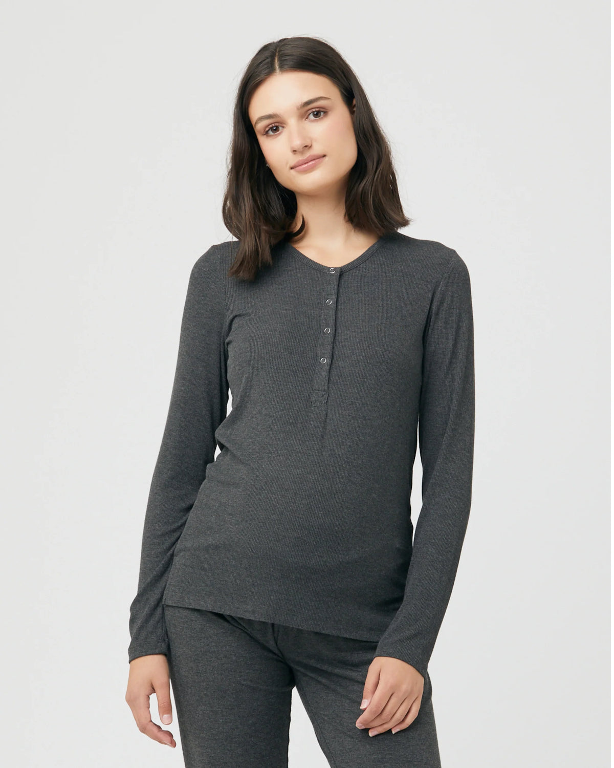 Rib Button Through Top Charcoal Marle